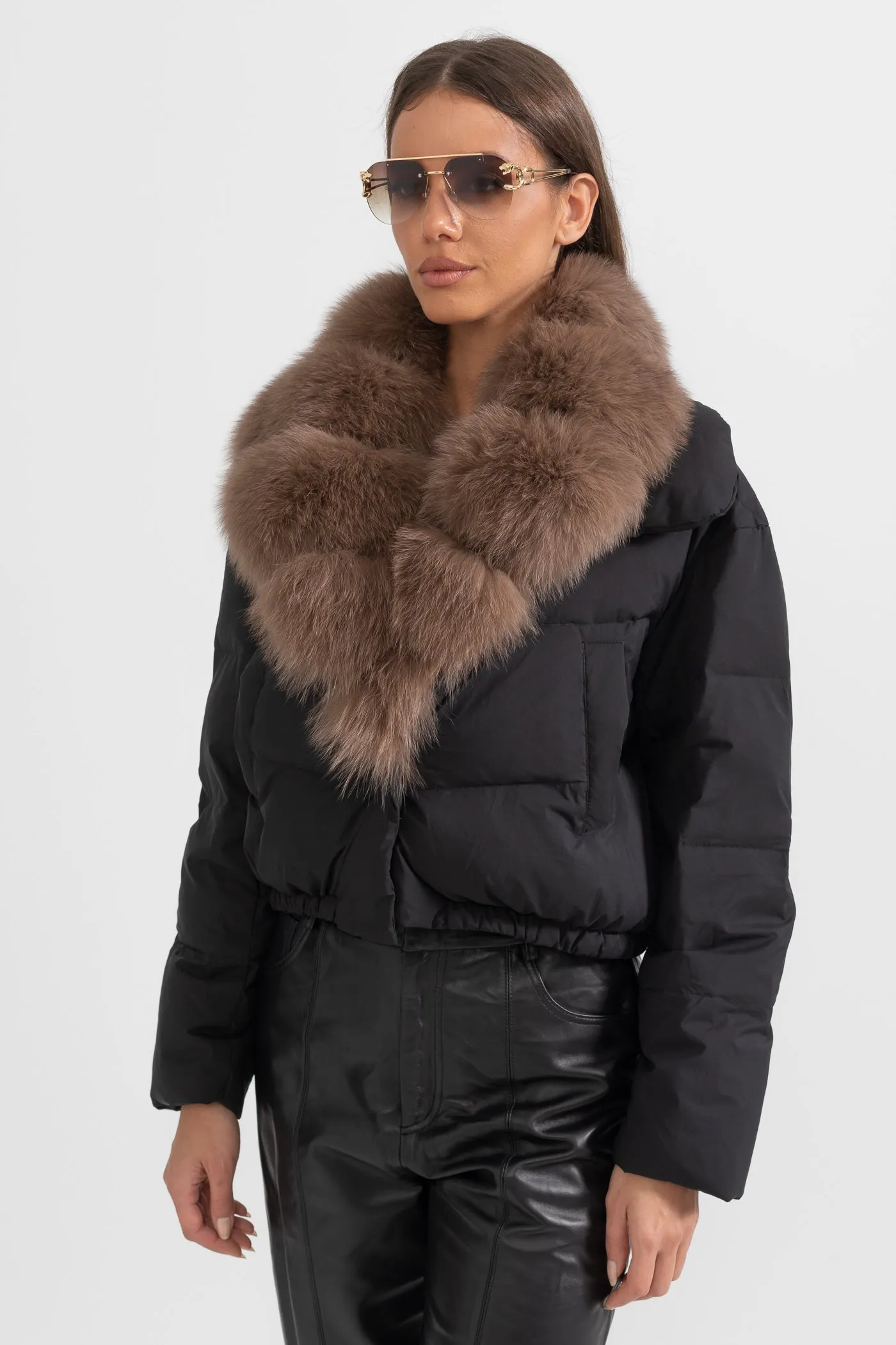 Puffer Jacket With Brown Fox Fur-Lined Hood - Black