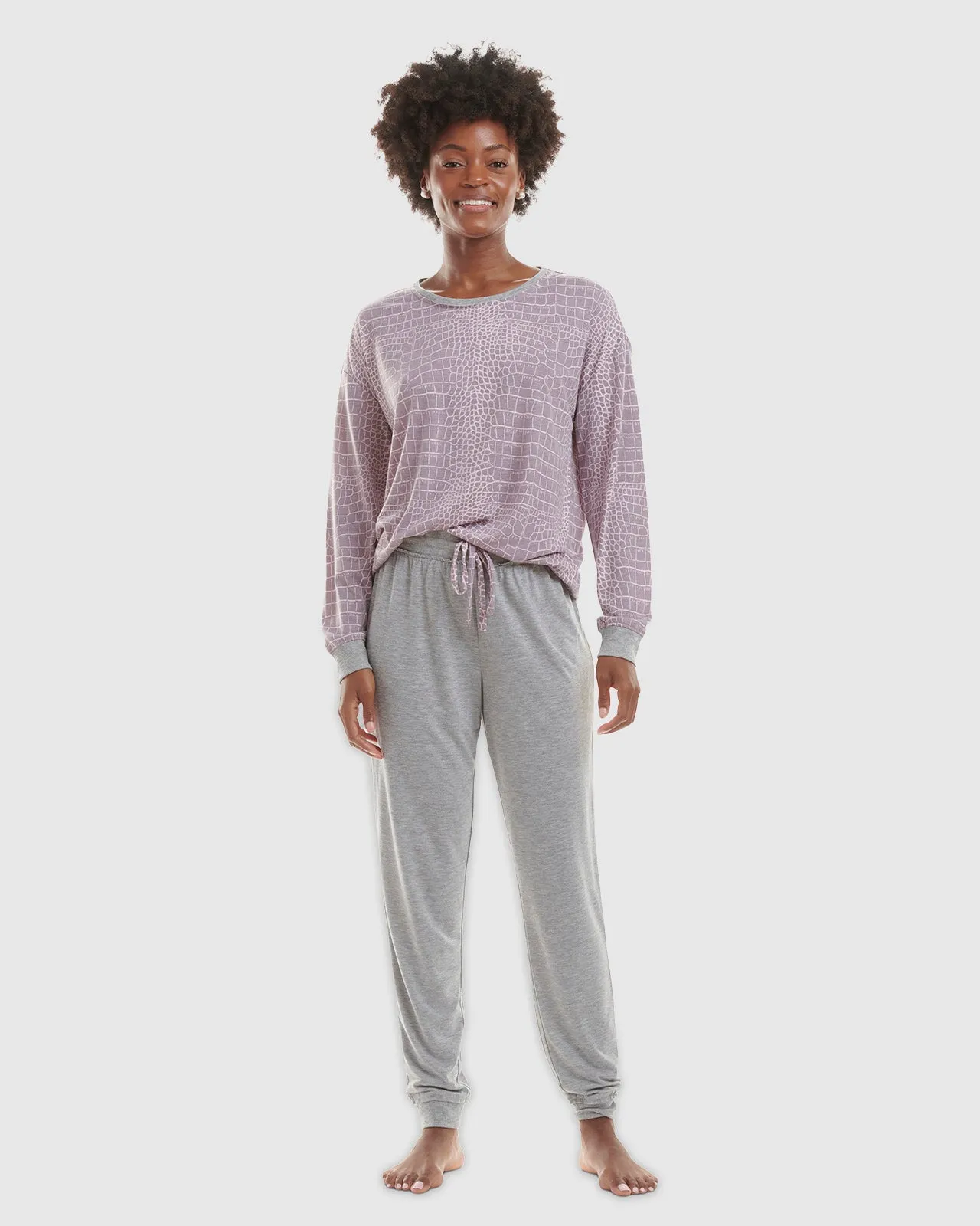 Purple Animal Print Heather Grey Pullover Jogger PJ Set