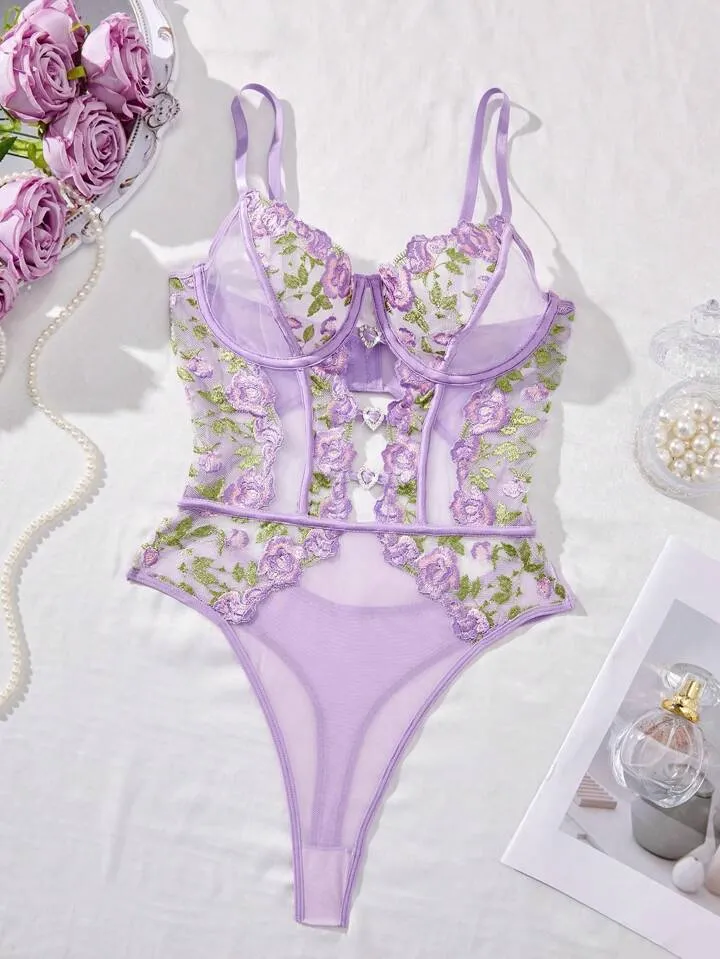 Purple Lace Bodysuit Lingerie Embroidered