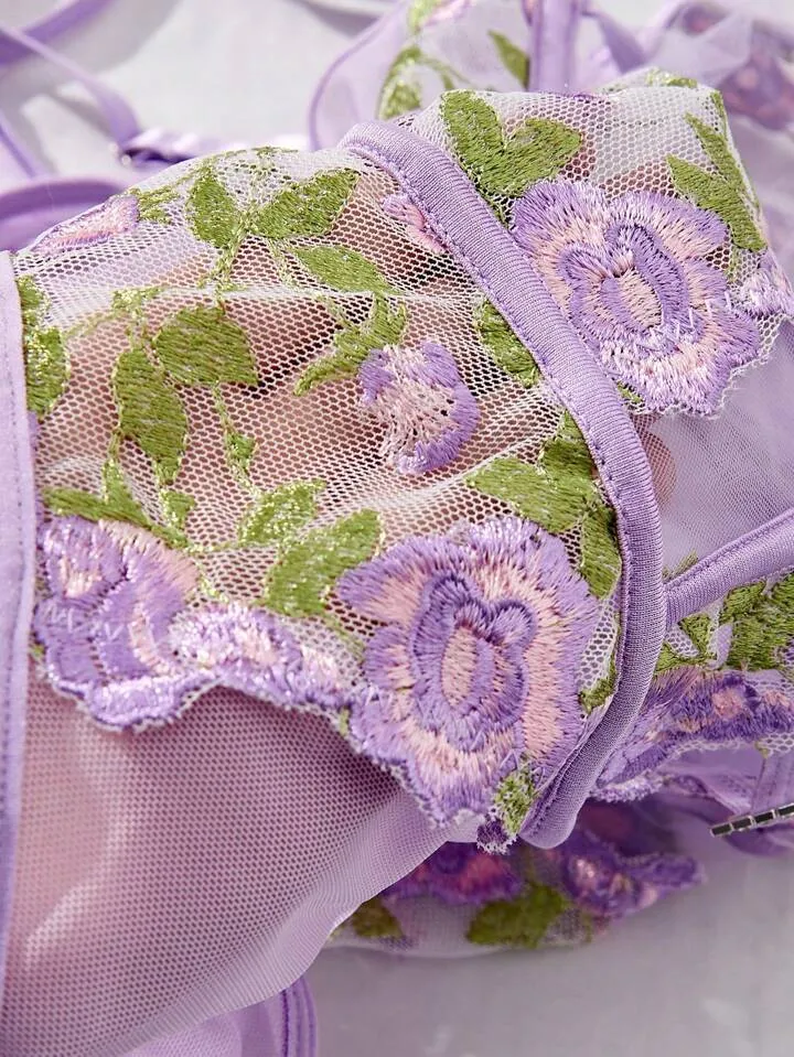 Purple Lace Bodysuit Lingerie Embroidered