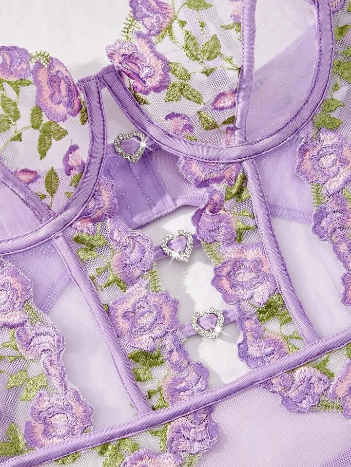 Purple Lace Bodysuit Lingerie Embroidered