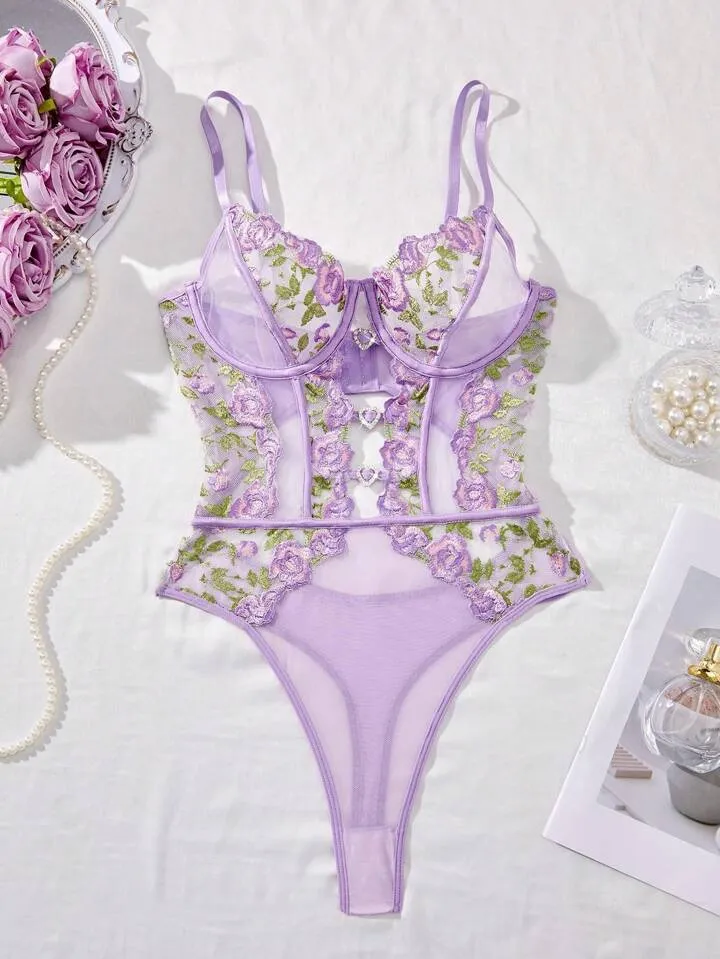 Purple Lace Bodysuit Lingerie Embroidered