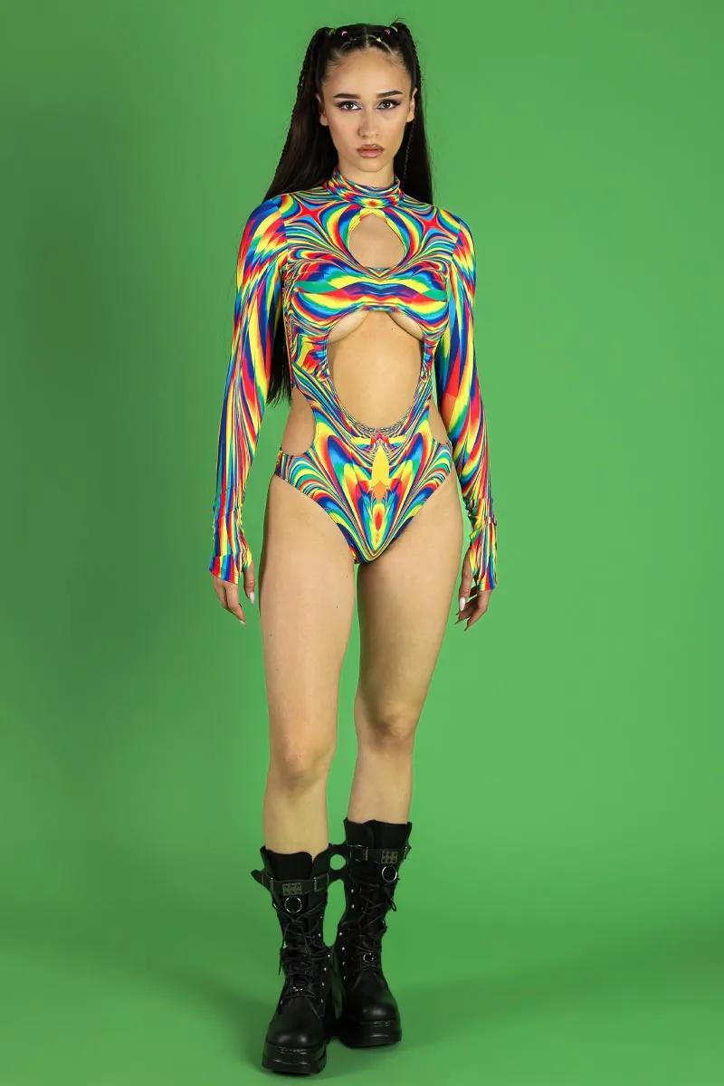 Rainbow Glitch Cut Out Long Sleeved Bodysuit