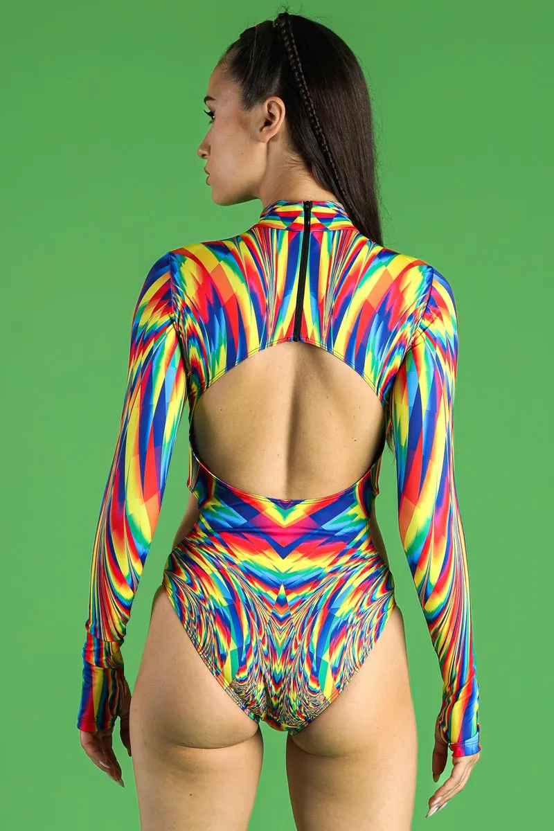 Rainbow Glitch Cut Out Long Sleeved Bodysuit