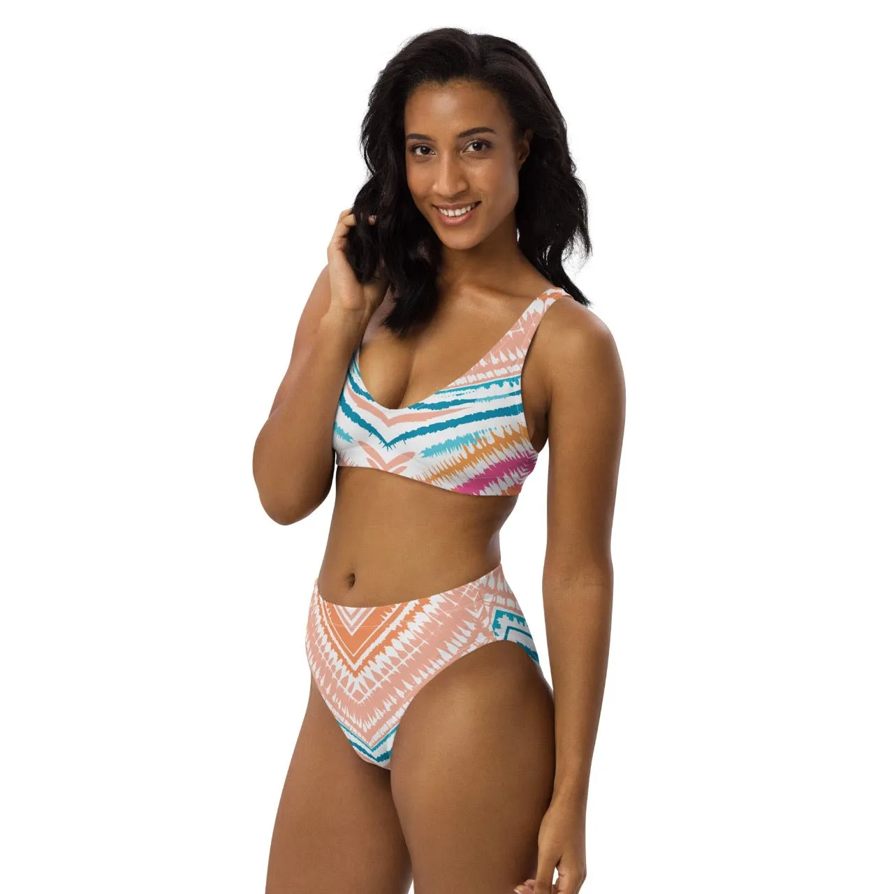 Recycled High-waist Bikini Peachy Blues Tribal Splash