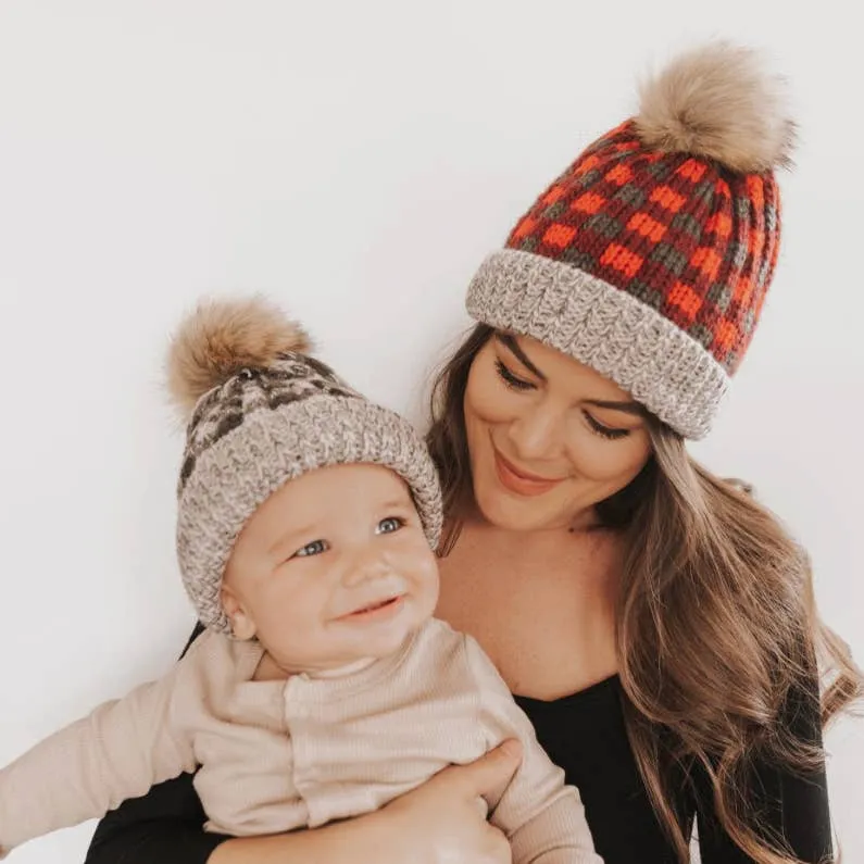 Red Buffalo Check Pom Pom Beanie Hat Baby & Kids