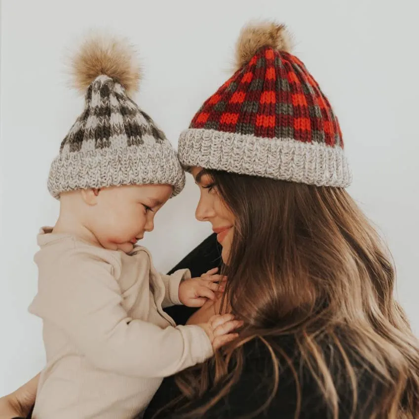 Red Buffalo Check Pom Pom Beanie Hat Baby & Kids