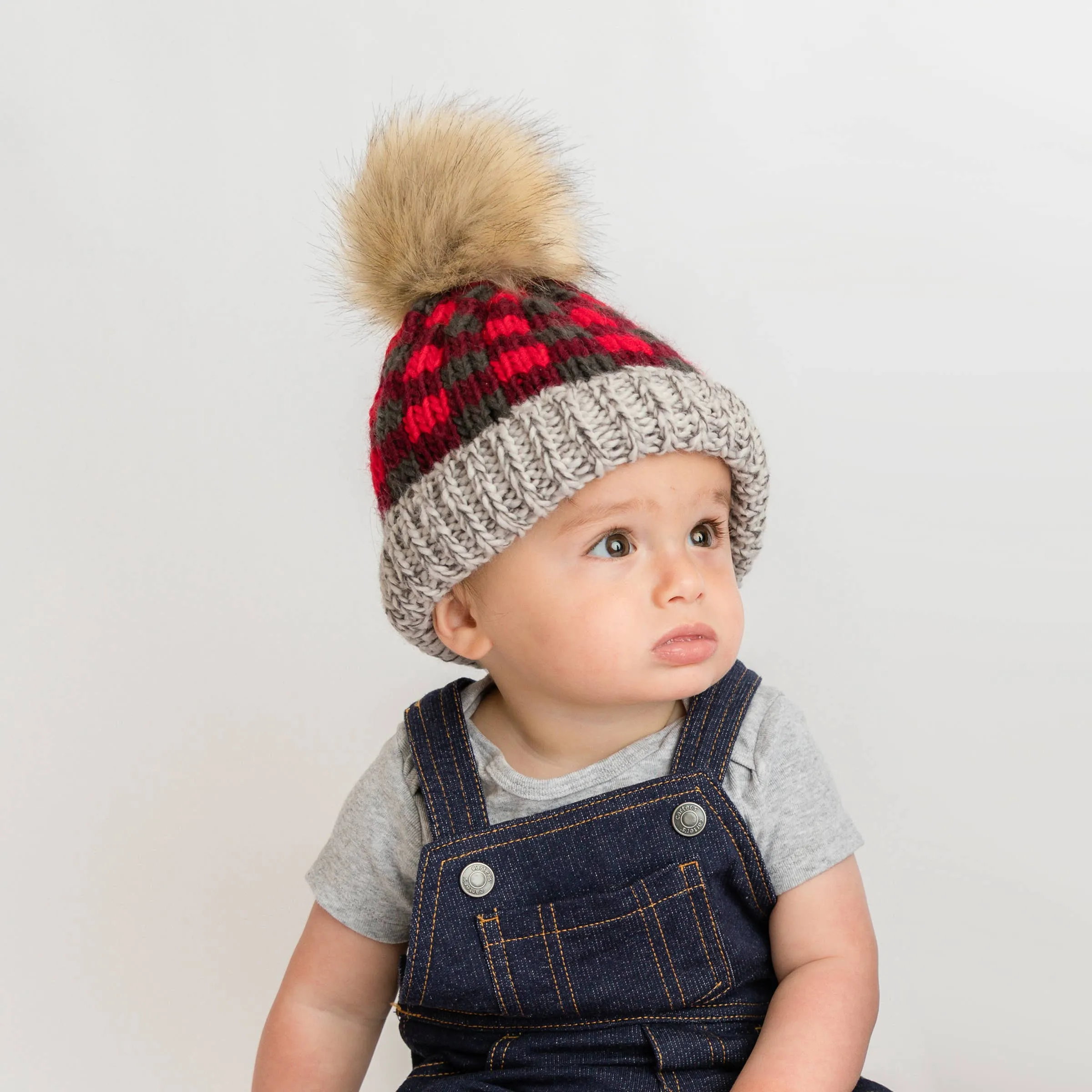 Red Buffalo Check Pom Pom Beanie Hat Baby & Kids