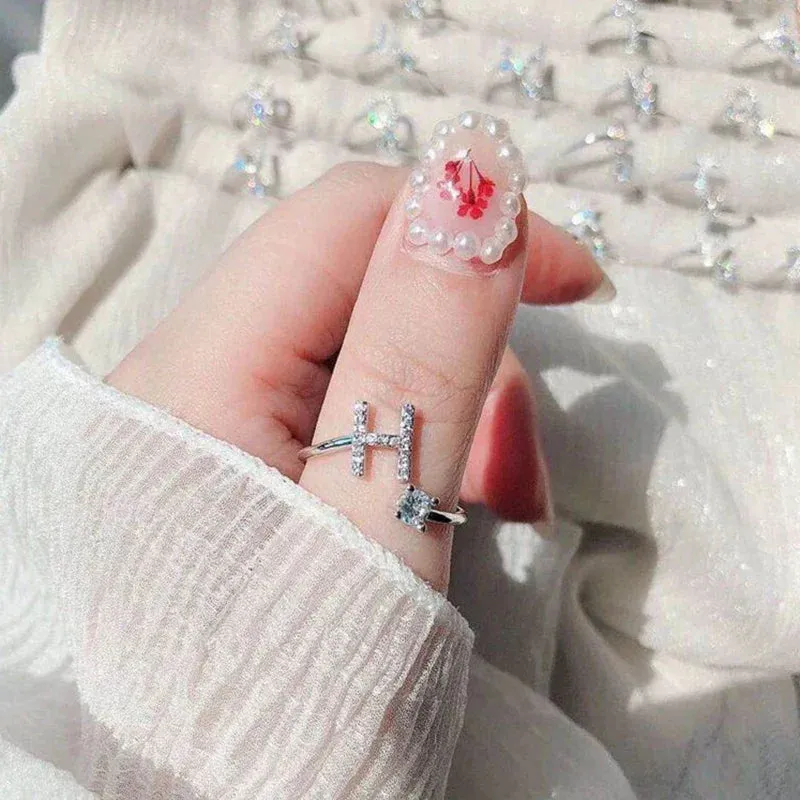 Rhinestone Fashion Initial Alphabet Charm Ring Gift