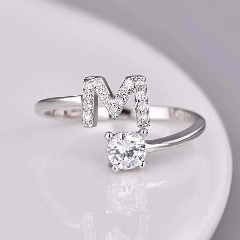 Rhinestone Fashion Initial Alphabet Charm Ring Gift