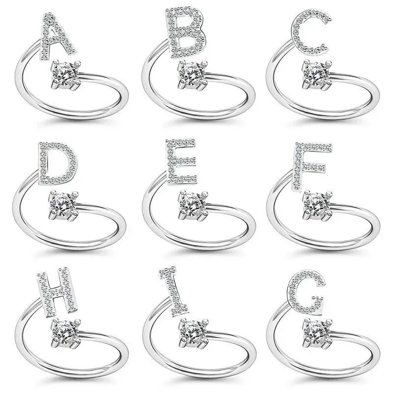 Rhinestone Fashion Initial Alphabet Charm Ring Gift