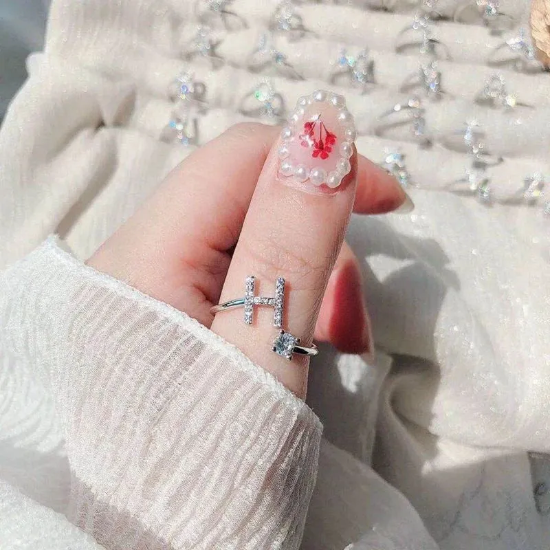 Rhinestone Fashion Initial Alphabet Charm Ring Gift