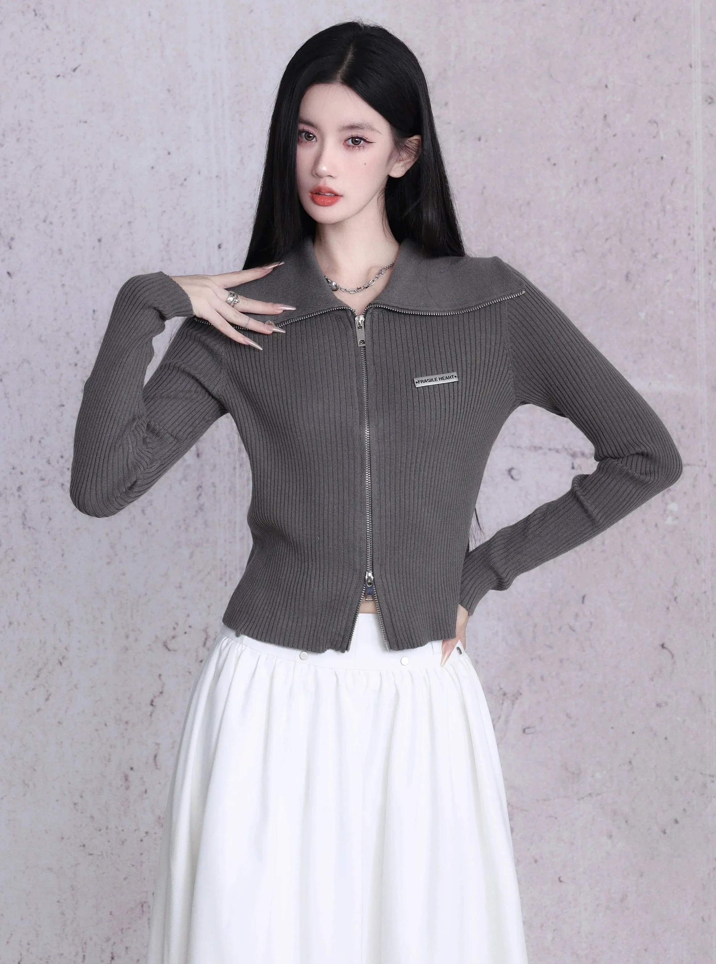 Ribbed Zip-Front Cropped Cardigan - Fitted Long Sleeve Knit Top in Black, Grey, and White