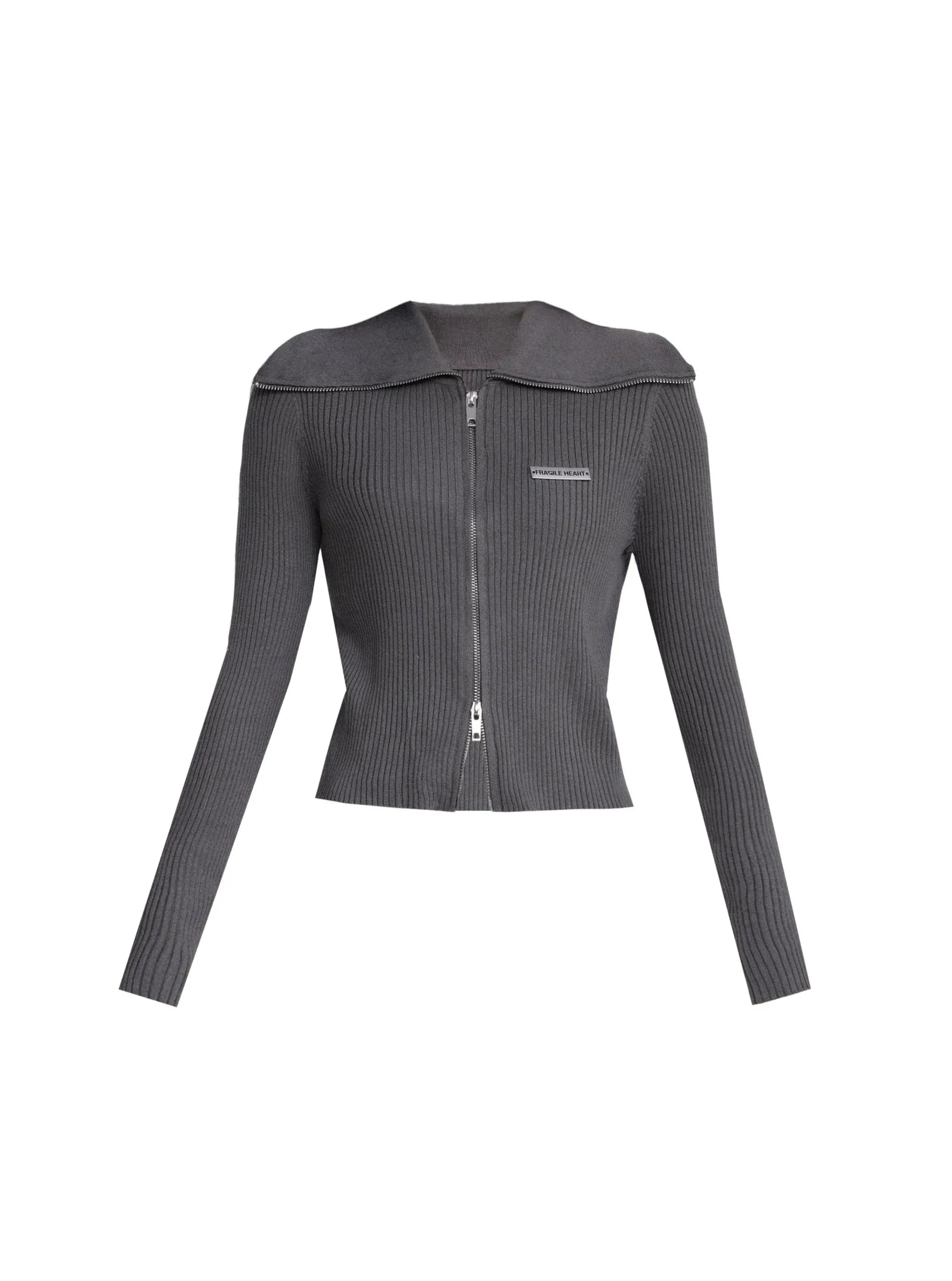 Ribbed Zip-Front Cropped Cardigan - Fitted Long Sleeve Knit Top in Black, Grey, and White