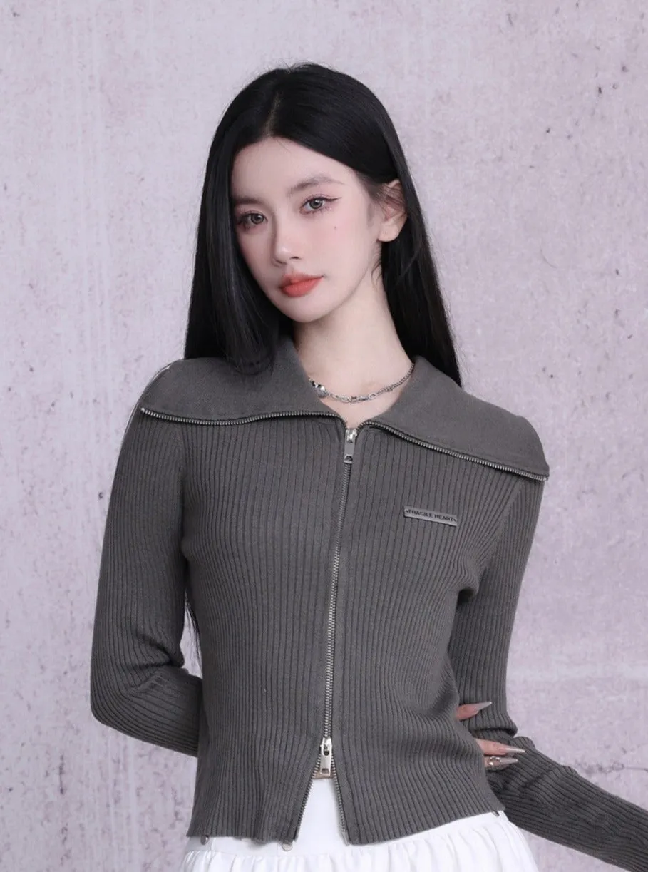 Ribbed Zip-Front Cropped Cardigan - Fitted Long Sleeve Knit Top in Black, Grey, and White