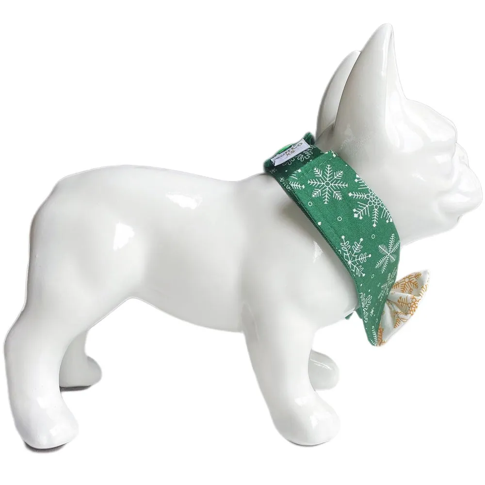 RuffCo Handcrafted Bowtie Button Collar For Cats & Dogs (Green Snowflake)