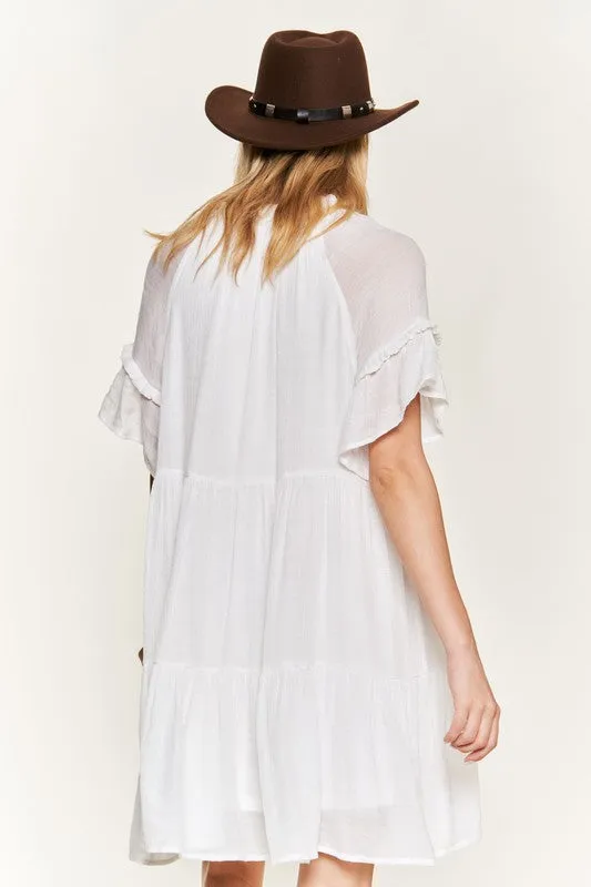 Ruffled neck tiered mini dress