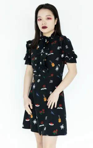 SANDRO Raffle A-Line Guitar Tattoo Print Mini Dress