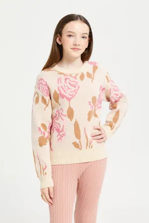 Senior Girls Beige Rose Print Pullover