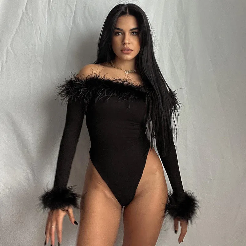 Sexy Slim Hairy One-shoulder Long-sleeved bodysuit