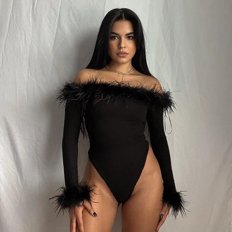 Sexy Slim Hairy One-shoulder Long-sleeved bodysuit