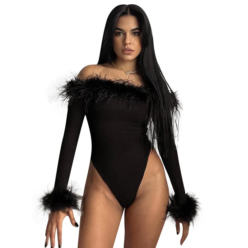 Sexy Slim Hairy One-shoulder Long-sleeved bodysuit