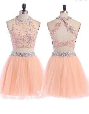 Sexy Two pieces Peach lace homecoming prom dresses, CM0004