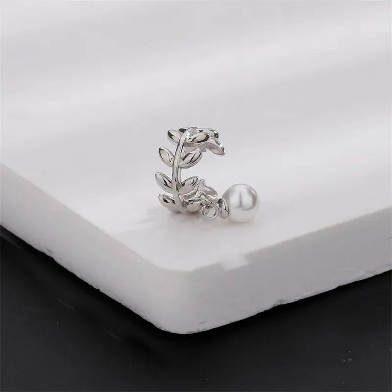 Silver Color Leaves Creative Pearl Pendant Non-Piercing Gold Earring