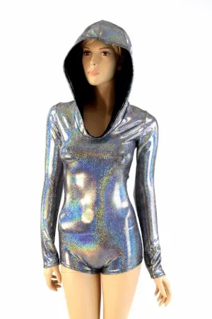 Silver Holographic Long Sleeve Hoodie Romper