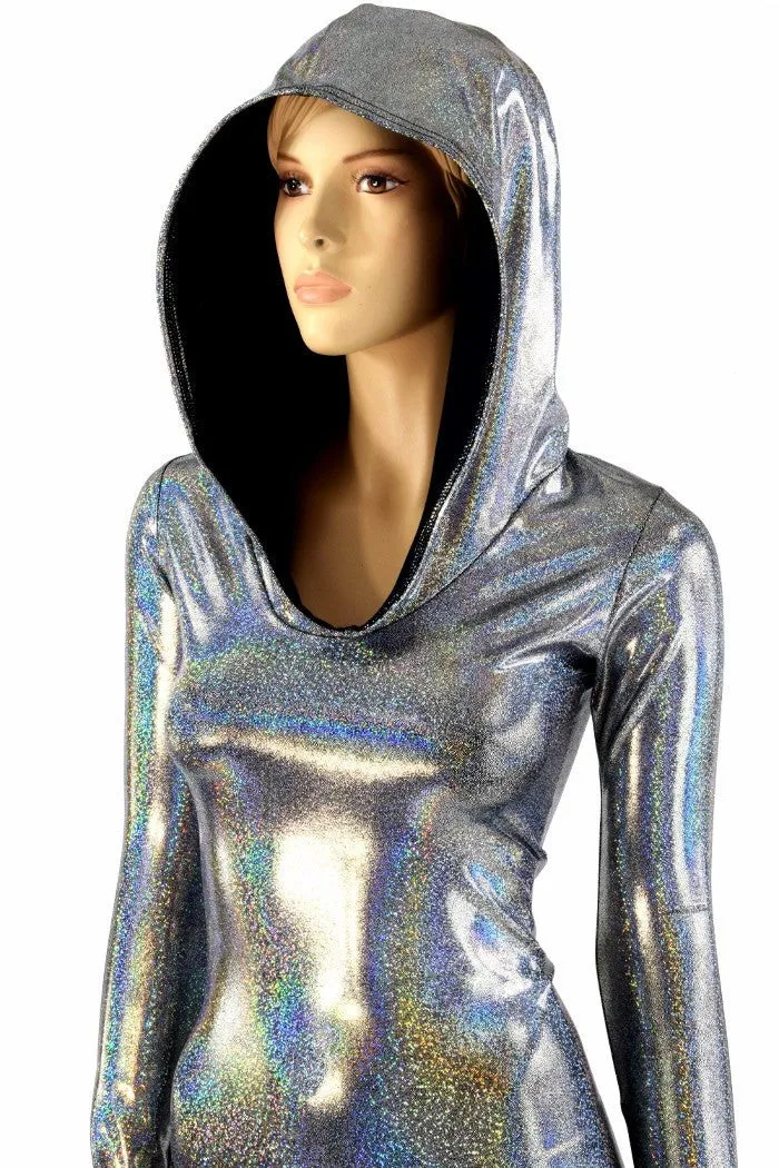 Silver Holographic Long Sleeve Hoodie Romper