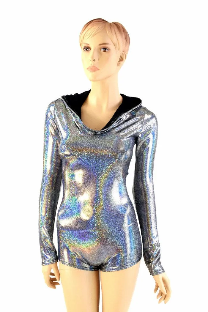 Silver Holographic Long Sleeve Hoodie Romper