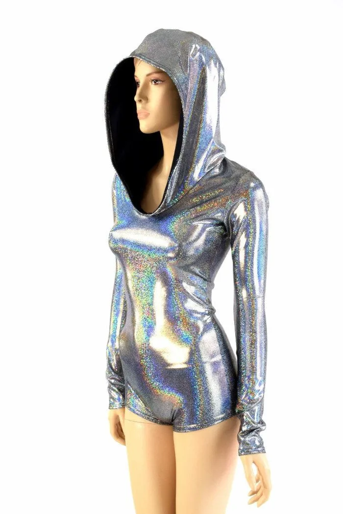 Silver Holographic Long Sleeve Hoodie Romper