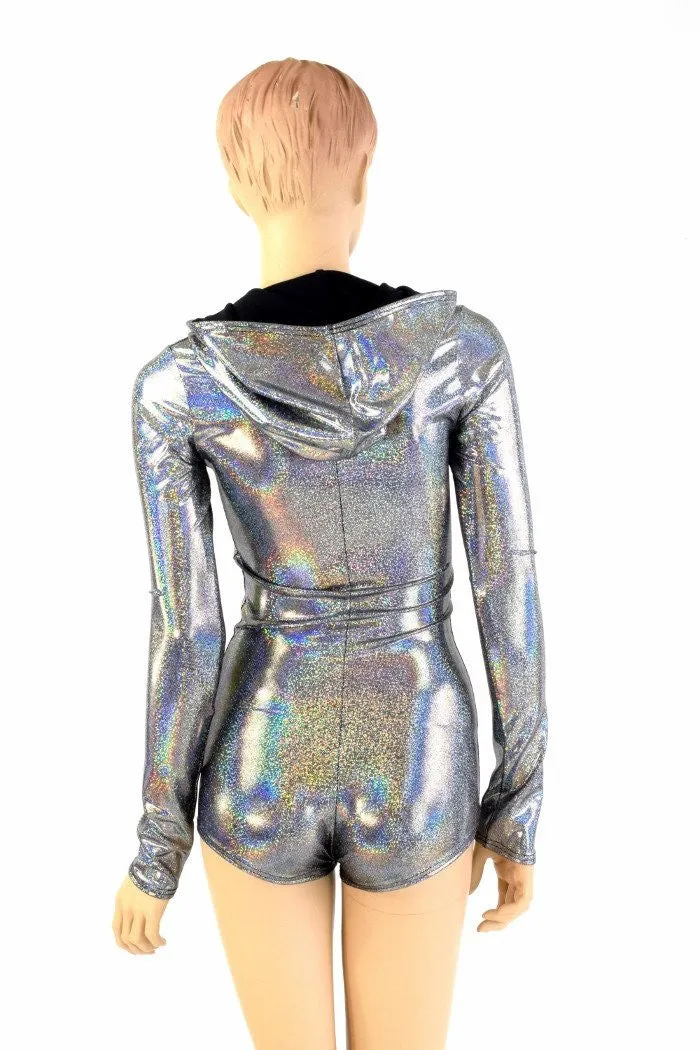 Silver Holographic Long Sleeve Hoodie Romper