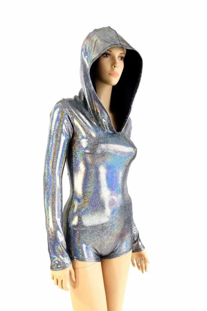 Silver Holographic Long Sleeve Hoodie Romper