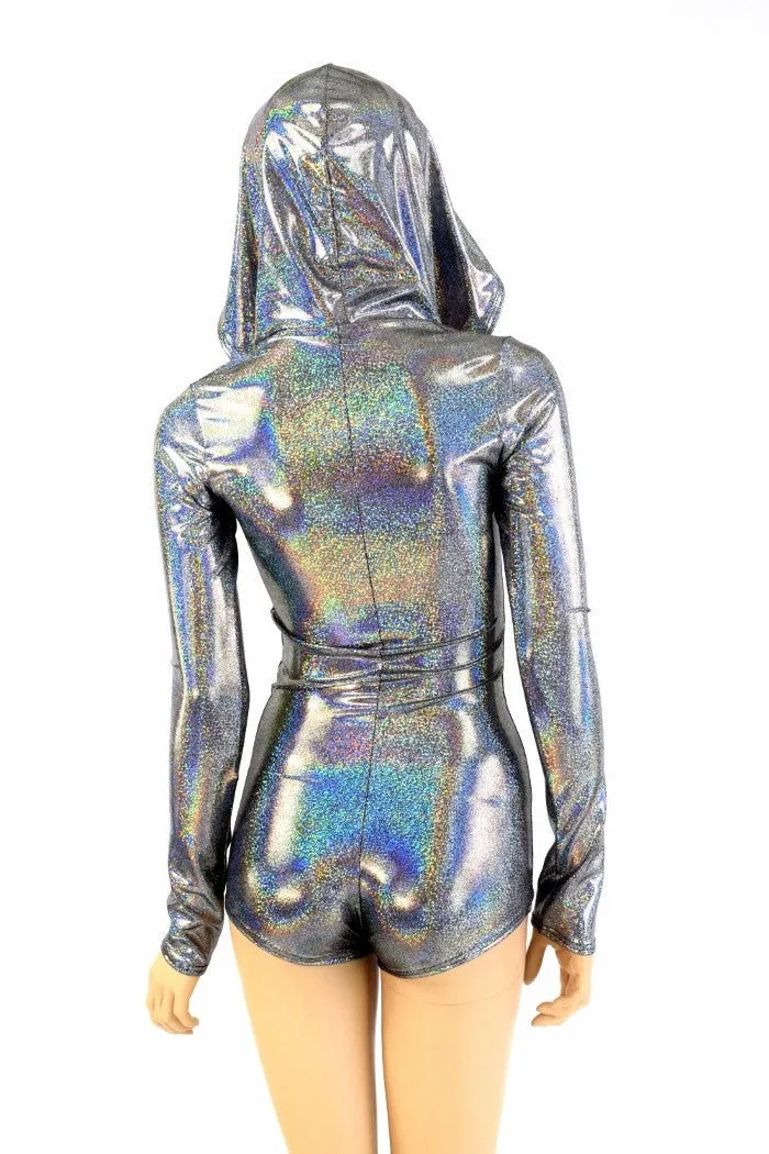 Silver Holographic Long Sleeve Hoodie Romper