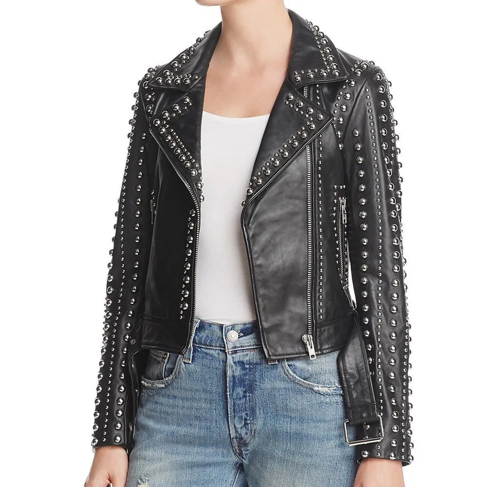 Silver Studs Punk Women Fashion Leather Jacket