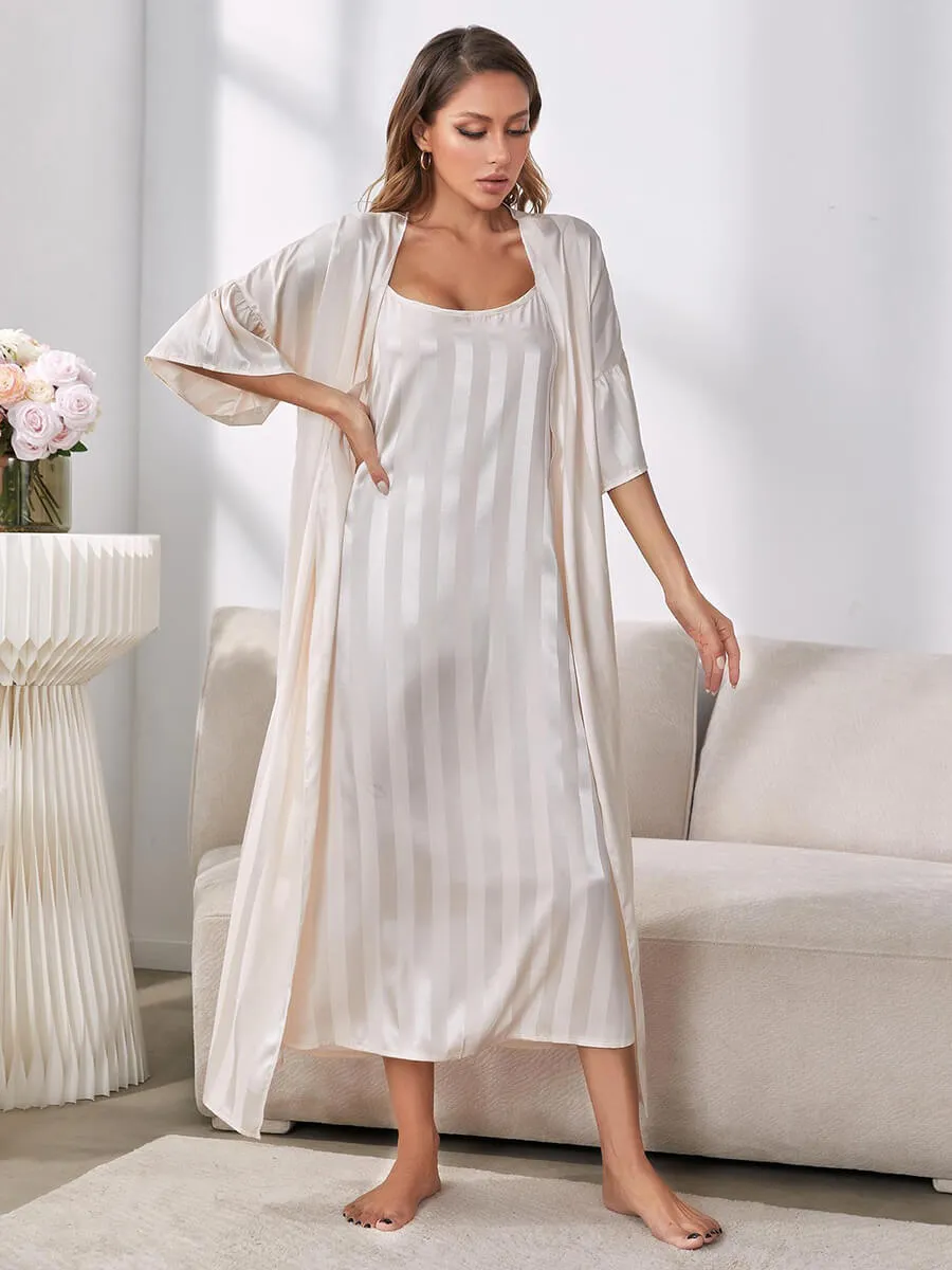 Slessic Shiny Large Striped Satin Robe Slip Nightdress Set