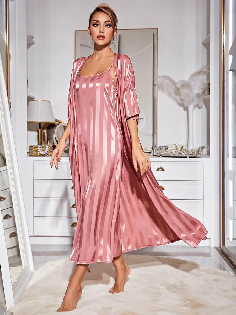 Slessic Shiny Large Striped Satin Robe Slip Nightdress Set