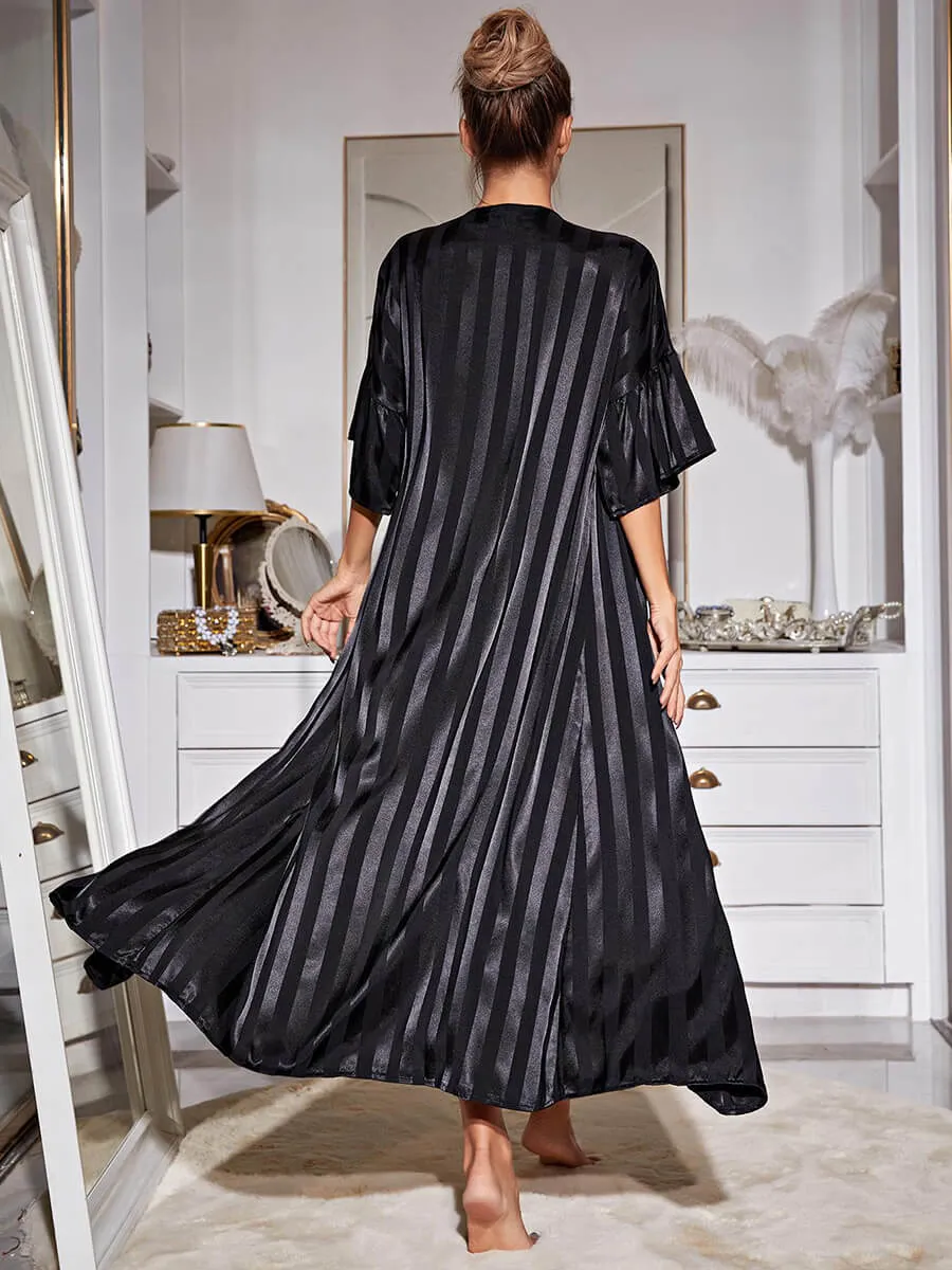 Slessic Shiny Large Striped Satin Robe Slip Nightdress Set