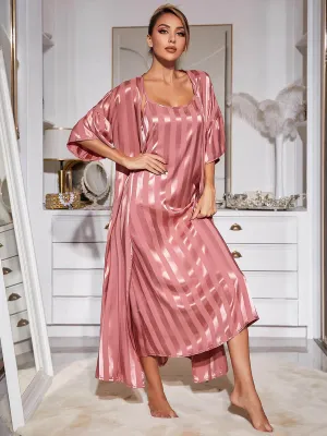 Slessic Shiny Large Striped Satin Robe Slip Nightdress Set