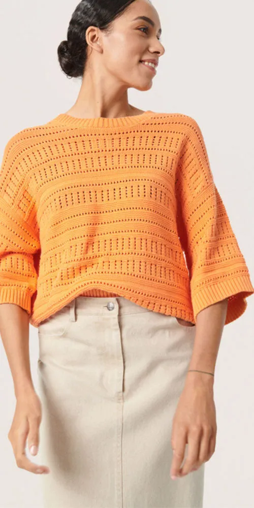 Soaked in Luxury Open Knit Pullover, tangerine