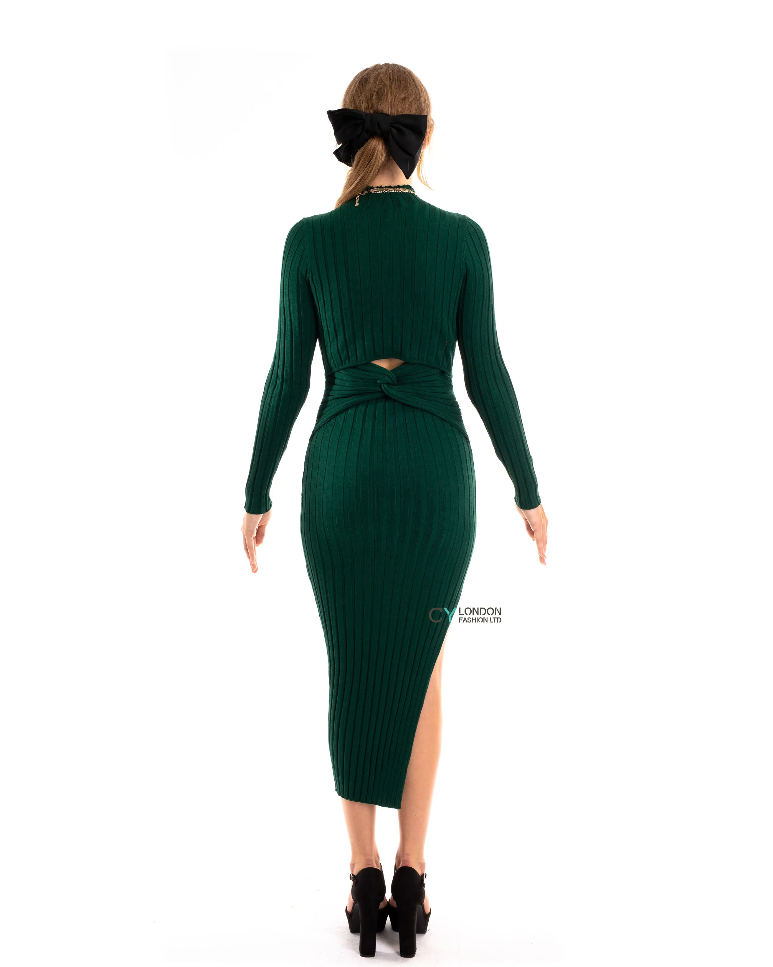 Soft Knitted Ribbed Midi Bodycon front OR back cut out design Dress In Green