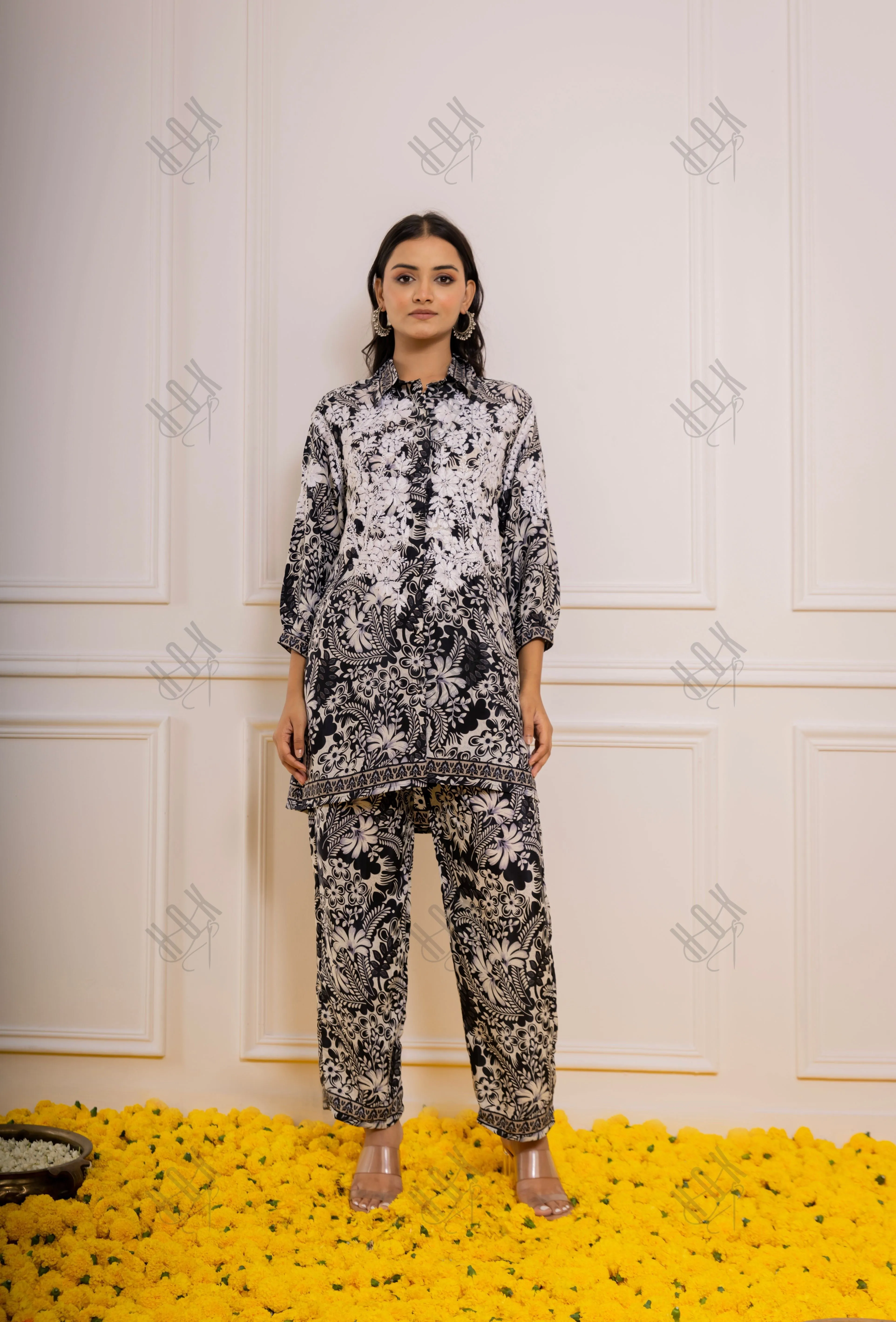 Sophisticated Black Polysilk Shirt Set with Chic White Print