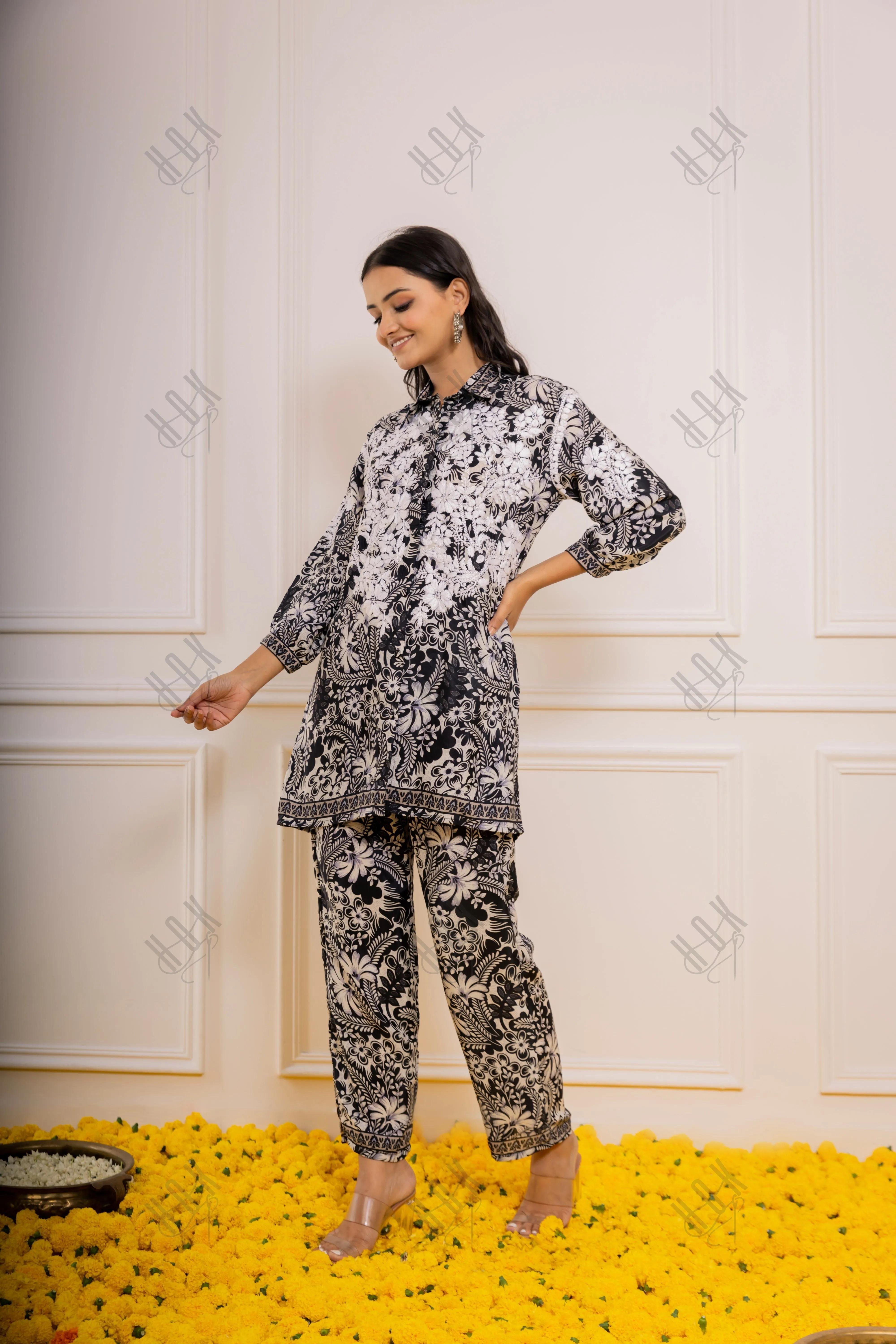 Sophisticated Black Polysilk Shirt Set with Chic White Print