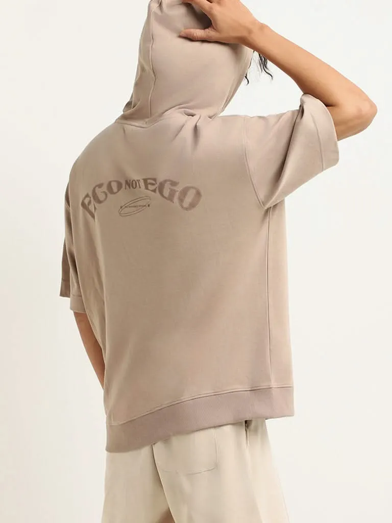 Studiofit Taupe Hoodie Cotton Blend Relaxed Fit T-Shirt