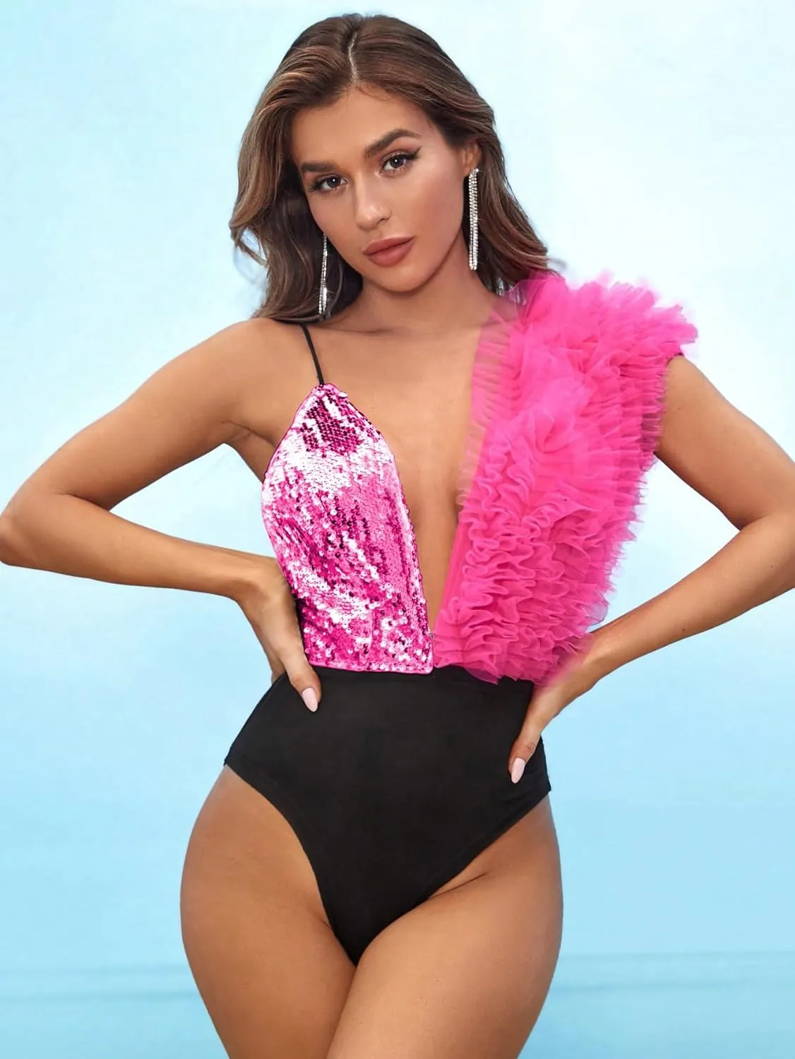 Stylish Black/Pink Deep V Halter Two Tone Ruffled Bodysuit