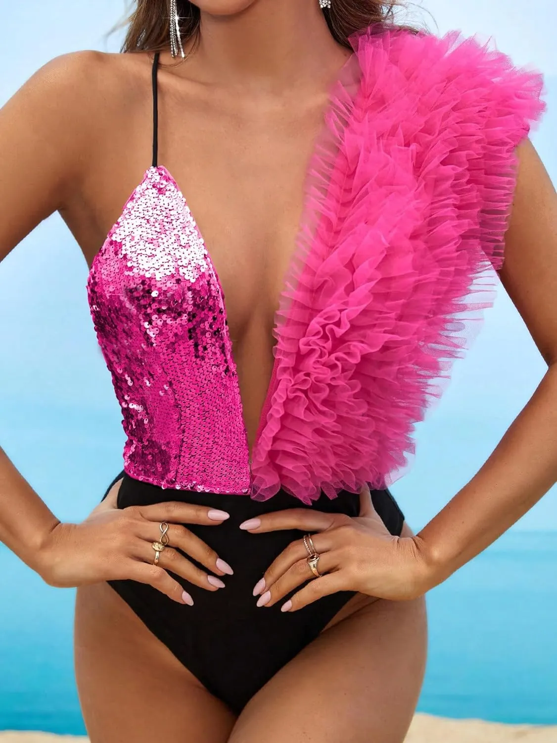 Stylish Black/Pink Deep V Halter Two Tone Ruffled Bodysuit