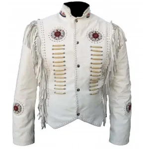 Stylish Western Women White Fringed Leather Jacket, Bone Beads & Fringe Jacket