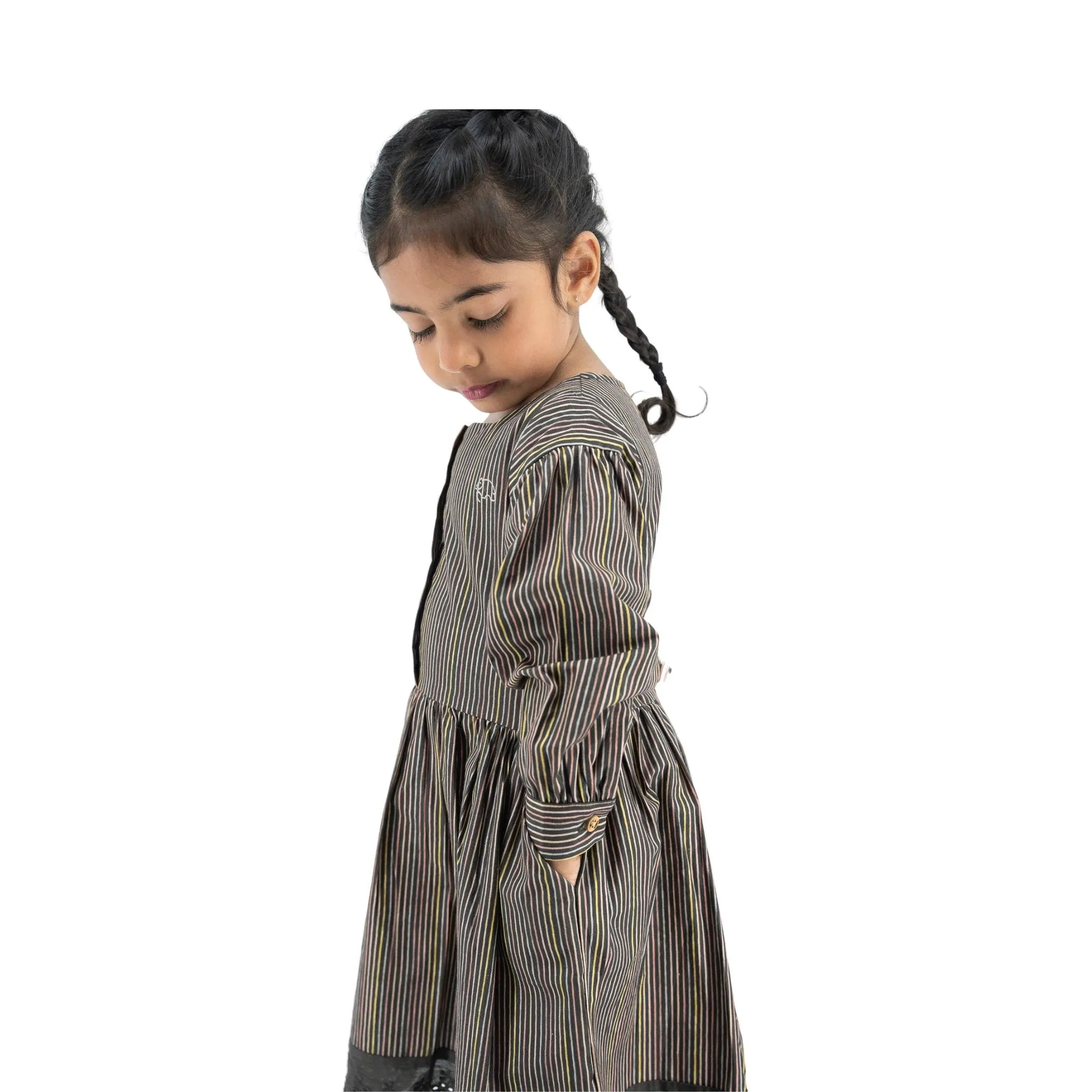 Sustainable Stripes: Eco-Friendly Black Striped Cotton Dress for Girls