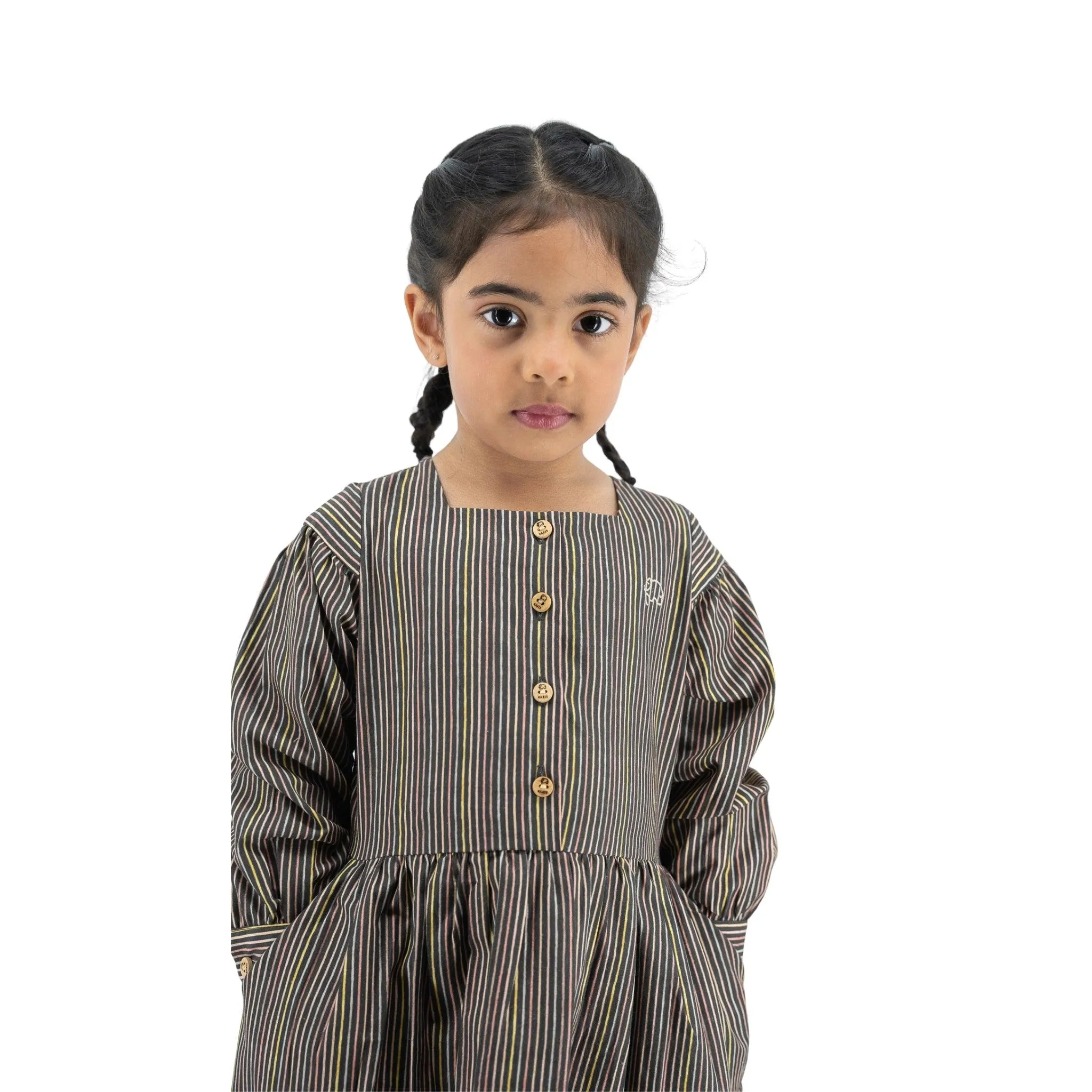 Sustainable Stripes: Eco-Friendly Black Striped Cotton Dress for Girls